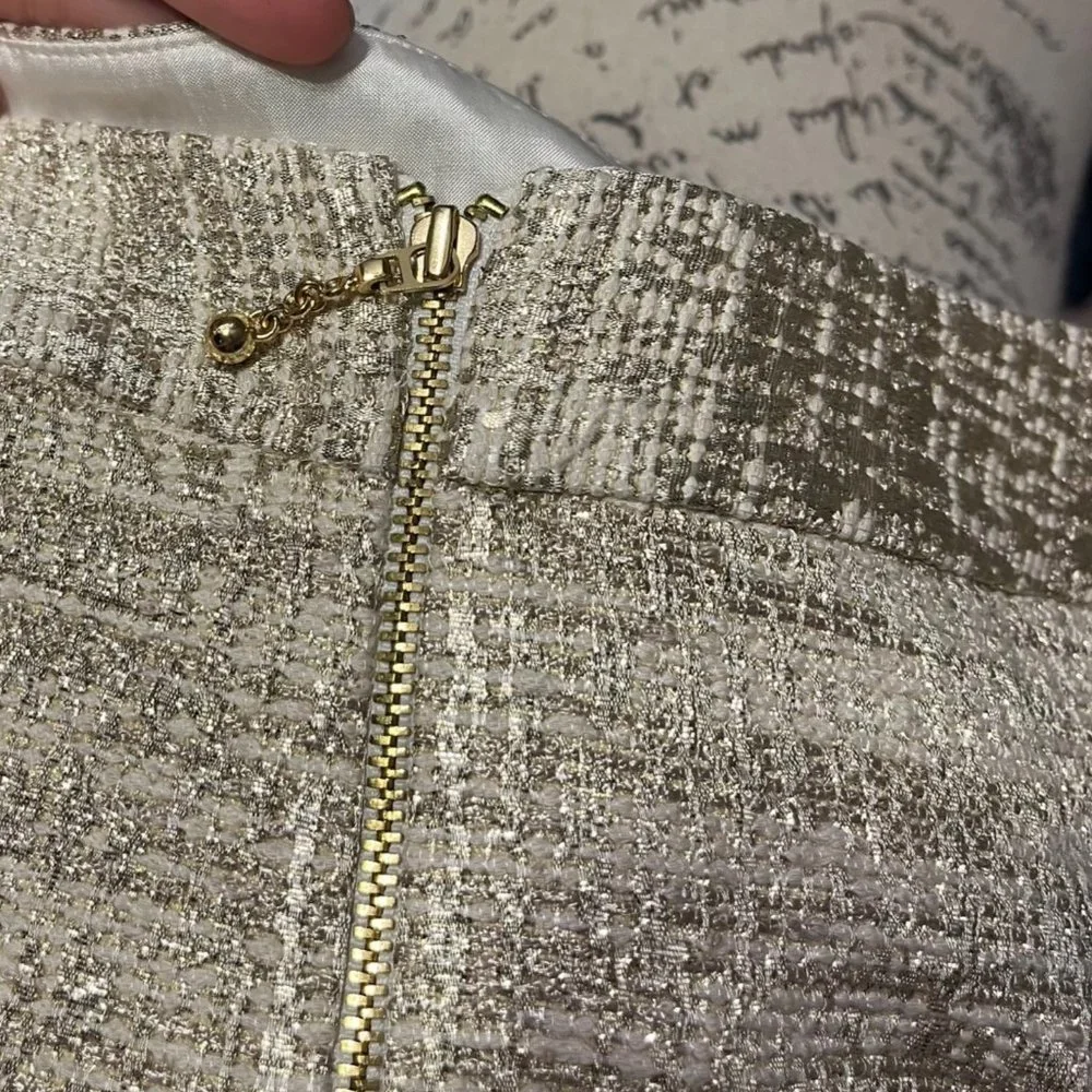 EUC $248 Kate Spade Women's 2 XS Gold Metallic Tweed Lined Pencil Holiday Skirt - Picture 5 of 10